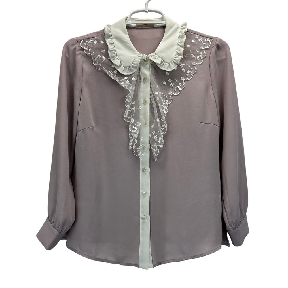 Miss Patina Button Front Peter Pan Collar Lace Detail Long Sleeve Blouse S